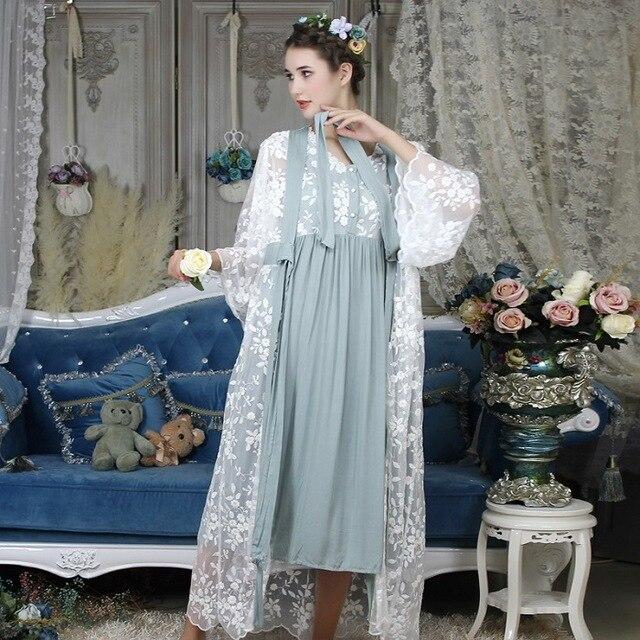 Autumn Cotton Women Embroidered Rob Sets White 2 Pieces Lace Nightgowns Long Sleeve Retro Solid Color Sleepwear Home Wear  063