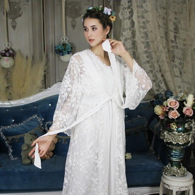 Autumn Cotton Women Embroidered Rob Sets White 2 Pieces Lace Nightgowns Long Sleeve Retro Solid Color Sleepwear Home Wear  063