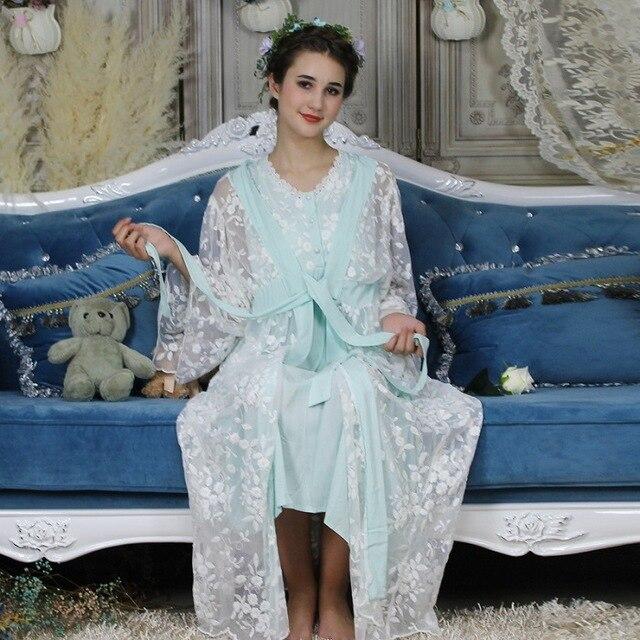 Autumn Cotton Women Embroidered Rob Sets White 2 Pieces Lace Nightgowns Long Sleeve Retro Solid Color Sleepwear Home Wear  063
