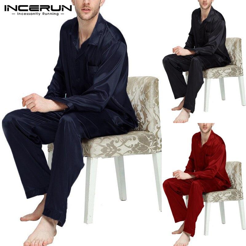 INCERUN Silk Satin Men Pajamas Sets Long Sleeve Sleepwear Suit Solid Color Comfortable Homewear Button Tops Pants Nightgown 2019