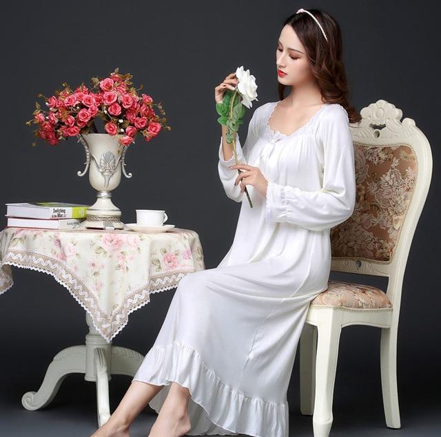 Spring Autumn Cotton Modal Nightdress Nightgown For Women Long Sleeve Loose White Princess Home Wear Sleepwear Sleepdress
