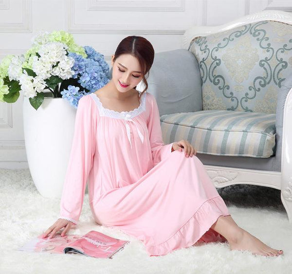Spring Autumn Cotton Modal Nightdress Nightgown For Women Long Sleeve Loose White Princess Home Wear Sleepwear Sleepdress