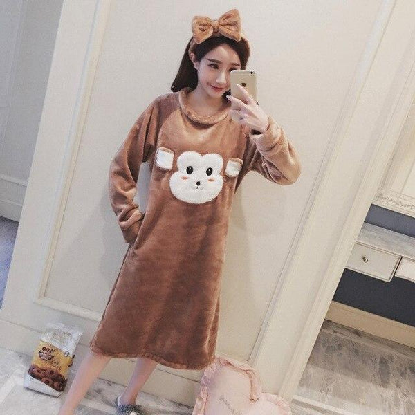 Nightgowns Women Winter Kawaii Long Sleeve Thicken Nightgown Flannel Bathrobe Womens Cartoon Sleepwear Soft Warm Trendy Lovely