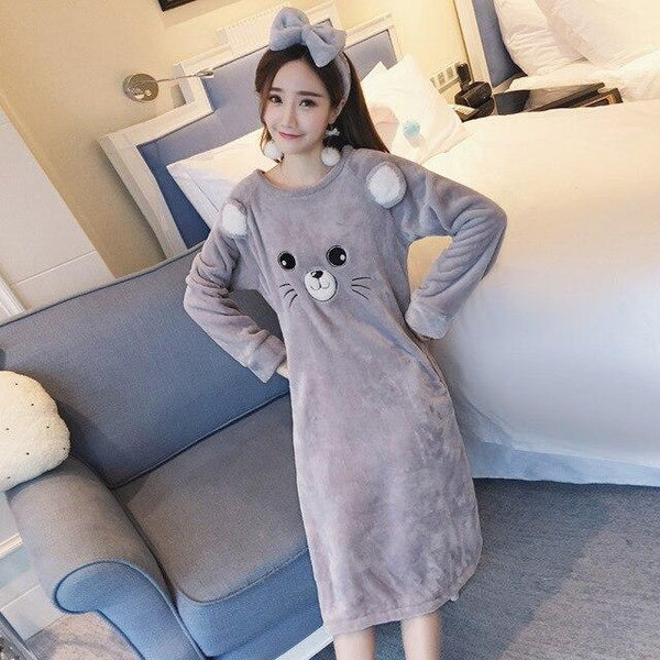Nightgowns Women Winter Kawaii Long Sleeve Thicken Nightgown Flannel Bathrobe Womens Cartoon Sleepwear Soft Warm Trendy Lovely