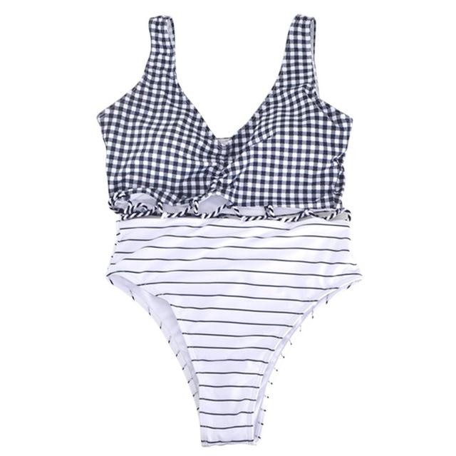 Women Sexy Siamese Triangle Bikini Swimsuit Ms. Striped Conservative Swimwear