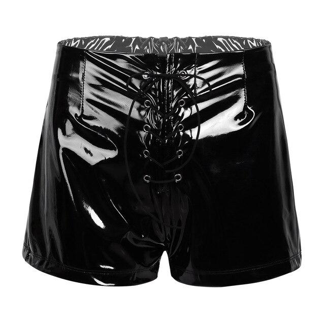 Women Sexy Shiny Metallic Shorts Dance Bottoms Swimwear Wet Look PU Leather High Waist Front Lace Up Booty Shorts Hot Shorts