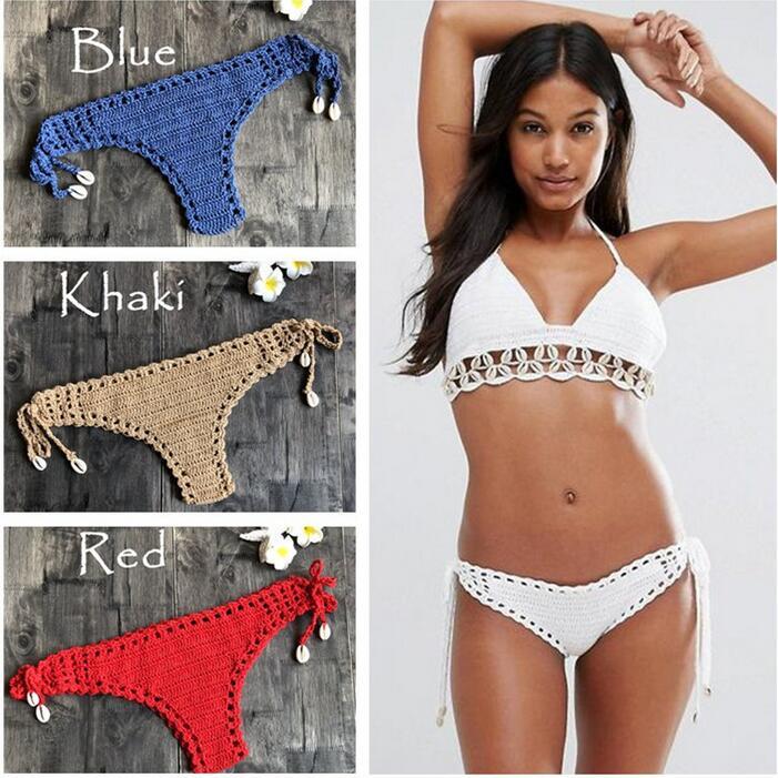 Women Unique Sexy Handmade Crochet Swimwear Bikini Bottom Hollow-out Low Waist Bathing Suit Triangle Briefs Swim knicker