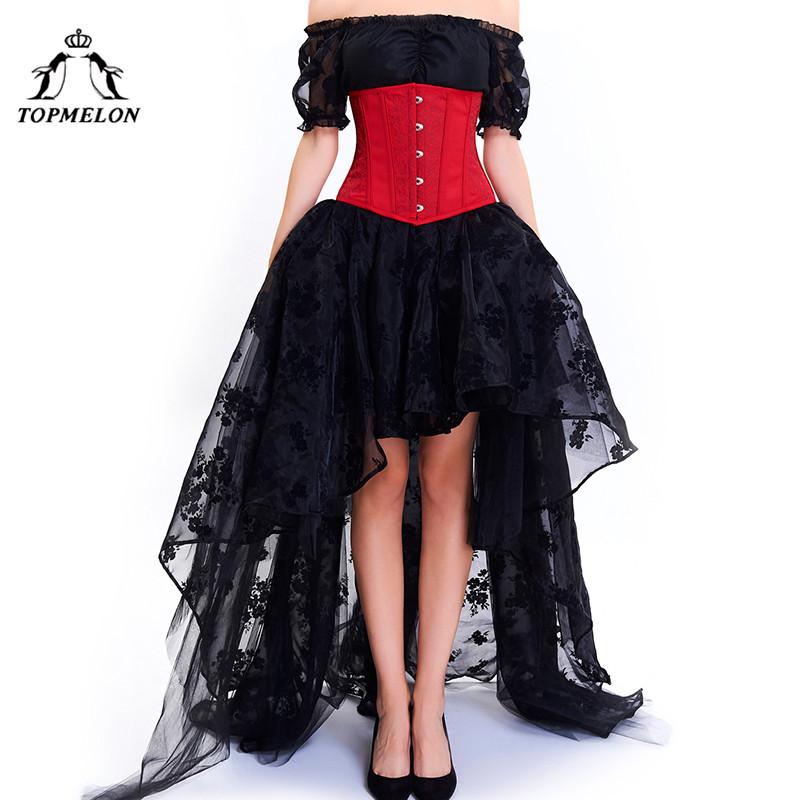 TOPMELON Corset Dress Bustier Gothic Women Embroidery Lace Tulle Dress Floral Silky Party Wedding Ball Gown Dress+ Tops + Corset