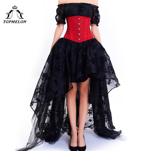 TOPMELON Corset Dress Bustier Gothic Women Embroidery Lace Tulle Dress Floral Silky Party Wedding Ball Gown Dress+ Tops + Corset