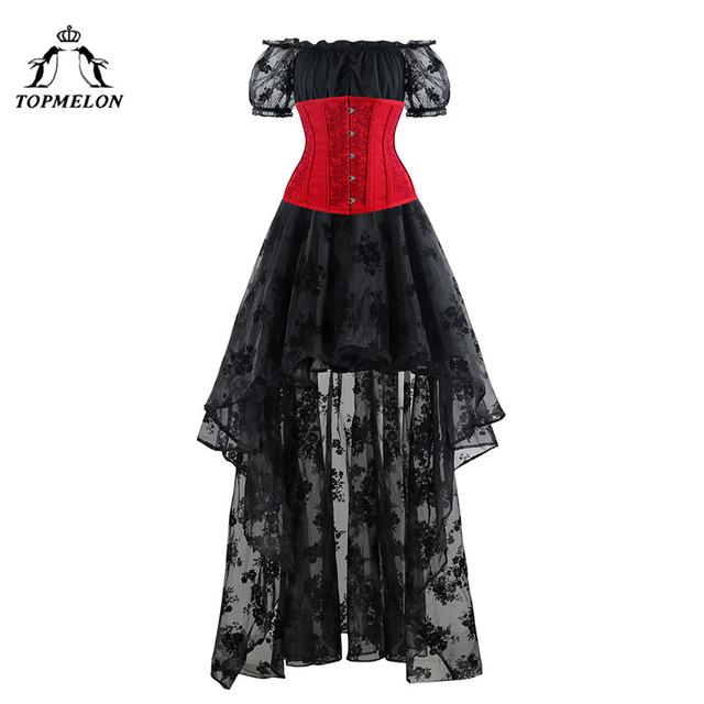 TOPMELON Corset Dress Bustier Gothic Women Embroidery Lace Tulle Dress Floral Silky Party Wedding Ball Gown Dress+ Tops + Corset