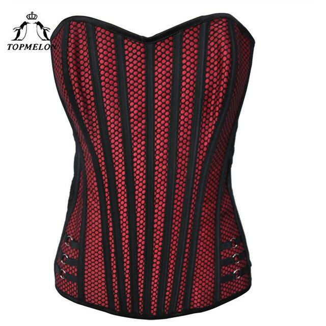 TOPMELON Punk Corset Striped Slimming Lace Up Corset Pink Red Black Sleeveless Overbust Bustier Fashion Design