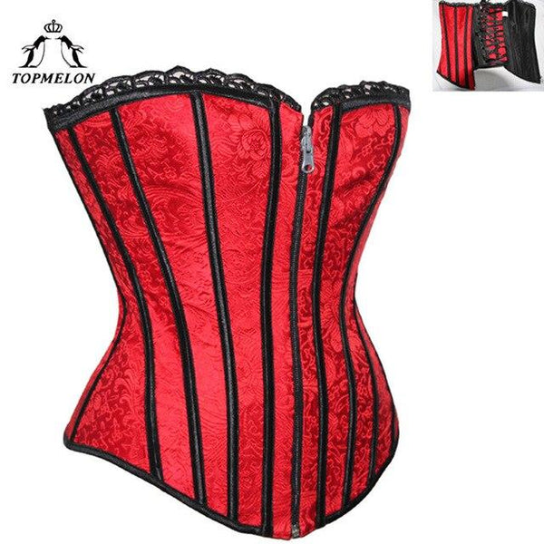 TOPMELON Sexy Steampunk Novelty Bustier Two Sides Available Lace Coverbust Top Party Club Costume Zipper Stripped Tops