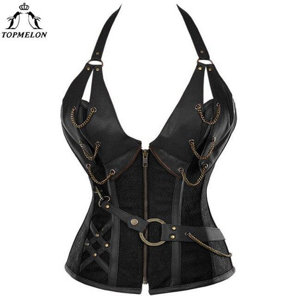 TOPMELON Steampunk Corset Bustier Gothic Corset Women Corselet Sexy Corset Halter Retro Chains Rivet Steel Boned New Tops 6XL