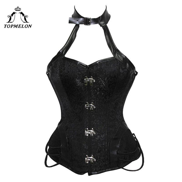 TOPMELON Gothic Choker Corset Female Punk Sexy Style Floral Black Sleeveless Top Leather Cosplay Party Costume for Women
