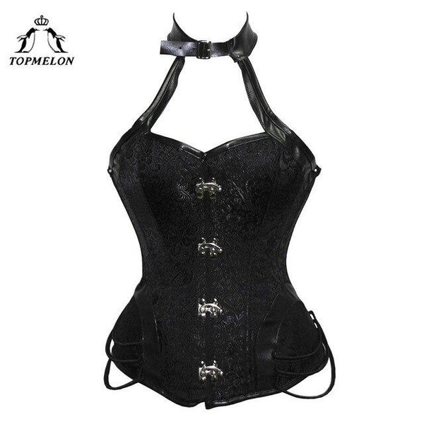 TOPMELON Gothic Choker Corset Female Punk Sexy Style Floral Black Sleeveless Top Leather Cosplay Party Costume for Women