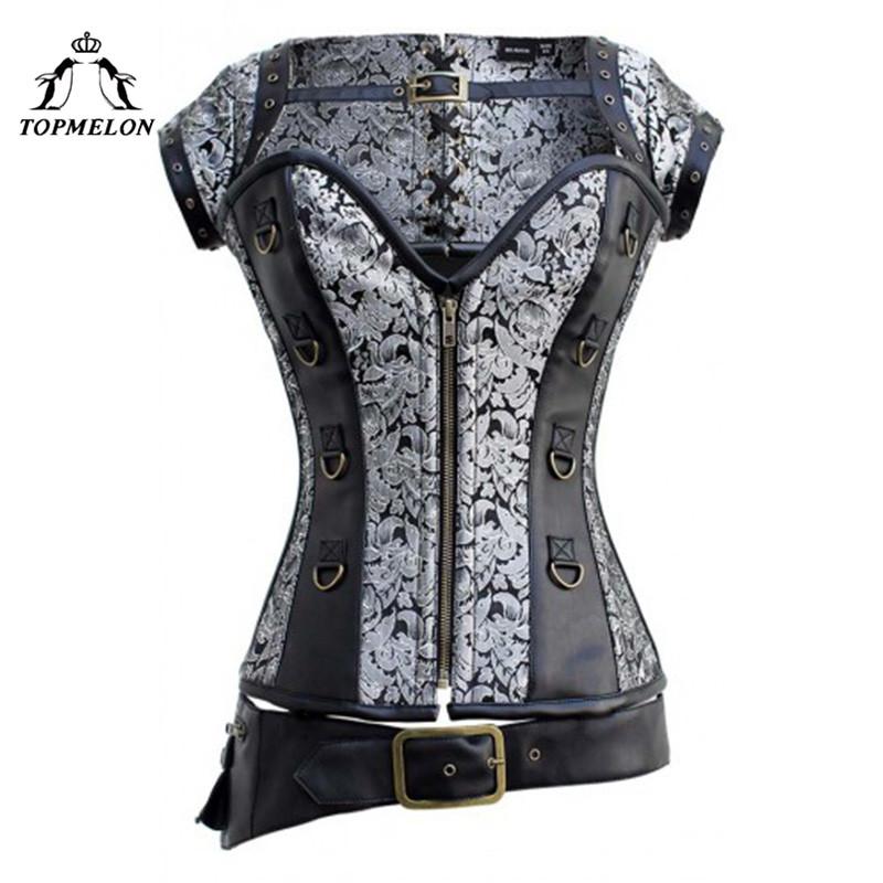 TOPMELON Steel Boned Corset Gray Floral Bustiers and Corsets Retro Gothic Steampunk Corselet Women Shaper with Choker Tops
