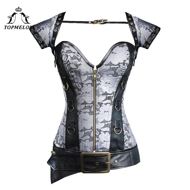 TOPMELON Steel Boned Corset Gray Floral Bustiers and Corsets Retro Gothic Steampunk Corselet Women Shaper with Choker Tops