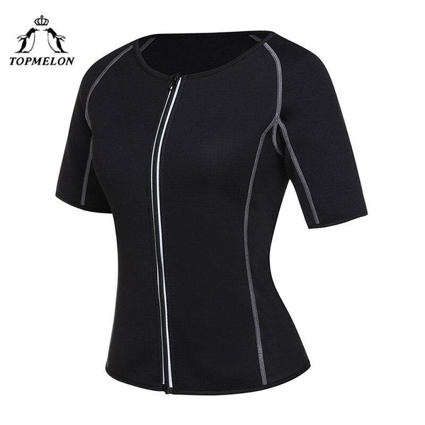 TOPMELON Sweat Body Shaper Zipper Corset for Women Plus Size Black Midi Sleeve Tops Fashion Style Shapers S-2XL