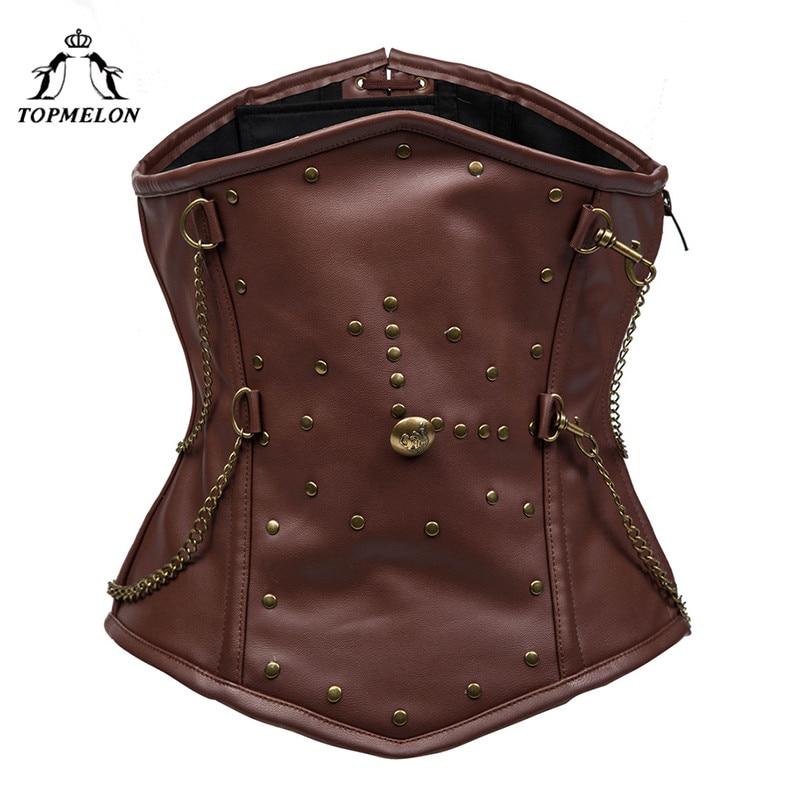TOPMELON Underbust Corset Steampunk Bustier Gothic Corselet Corset Women Bustier Modeling Strap Brown Chains Rivet Corset Tops