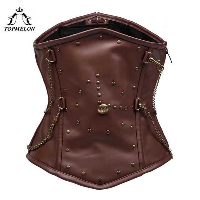 TOPMELON Underbust Corset Steampunk Bustier Gothic Corselet Corset Women Bustier Modeling Strap Brown Chains Rivet Corset Tops