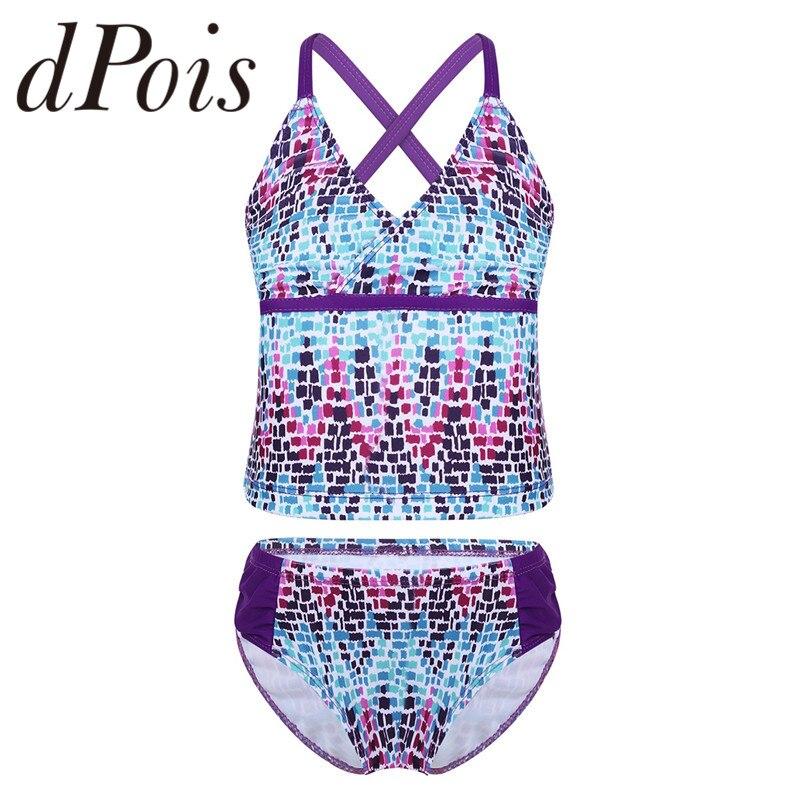 2PCS Kids Girls Tankini Spaghetti Shoulder Straps Digital Printed Swimsuit Swimwear Tops with Bottoms Bathing Suit Set Beachwear