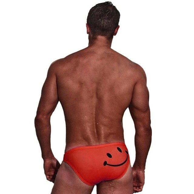 Men Swimming Sexy Briefs Cartoon Smiling Face Printed Low Waist Elastic Cotton Beach Trunks Swimwear Swimsuit Swimming Suit