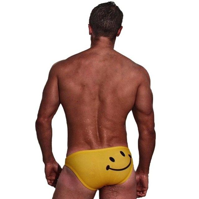 Men Swimming Sexy Briefs Cartoon Smiling Face Printed Low Waist Elastic Cotton Beach Trunks Swimwear Swimsuit Swimming Suit