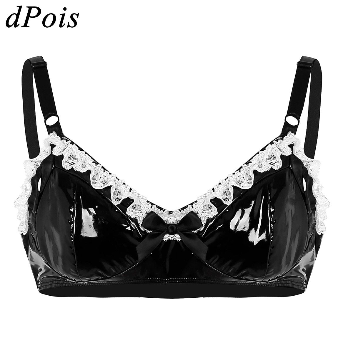 Men Sexy Bra Top Bikini Sissy Gay Soft Leather Lace Tops Spaghetti Straps Swimwear Sexy Sweet Swimsuit Black Wetlook Beachwear