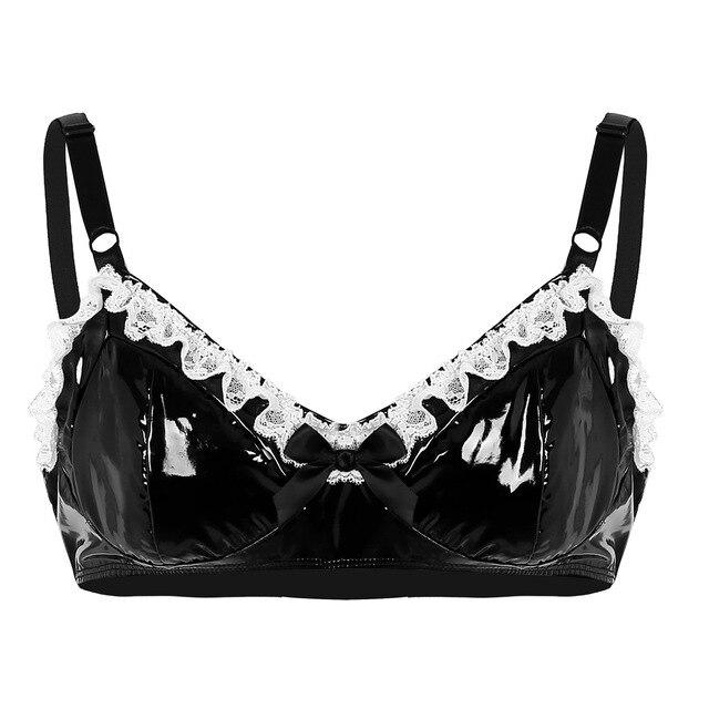 Men Sexy Bra Top Bikini Sissy Gay Soft Leather Lace Tops Spaghetti Straps Swimwear Sexy Sweet Swimsuit Black Wetlook Beachwear