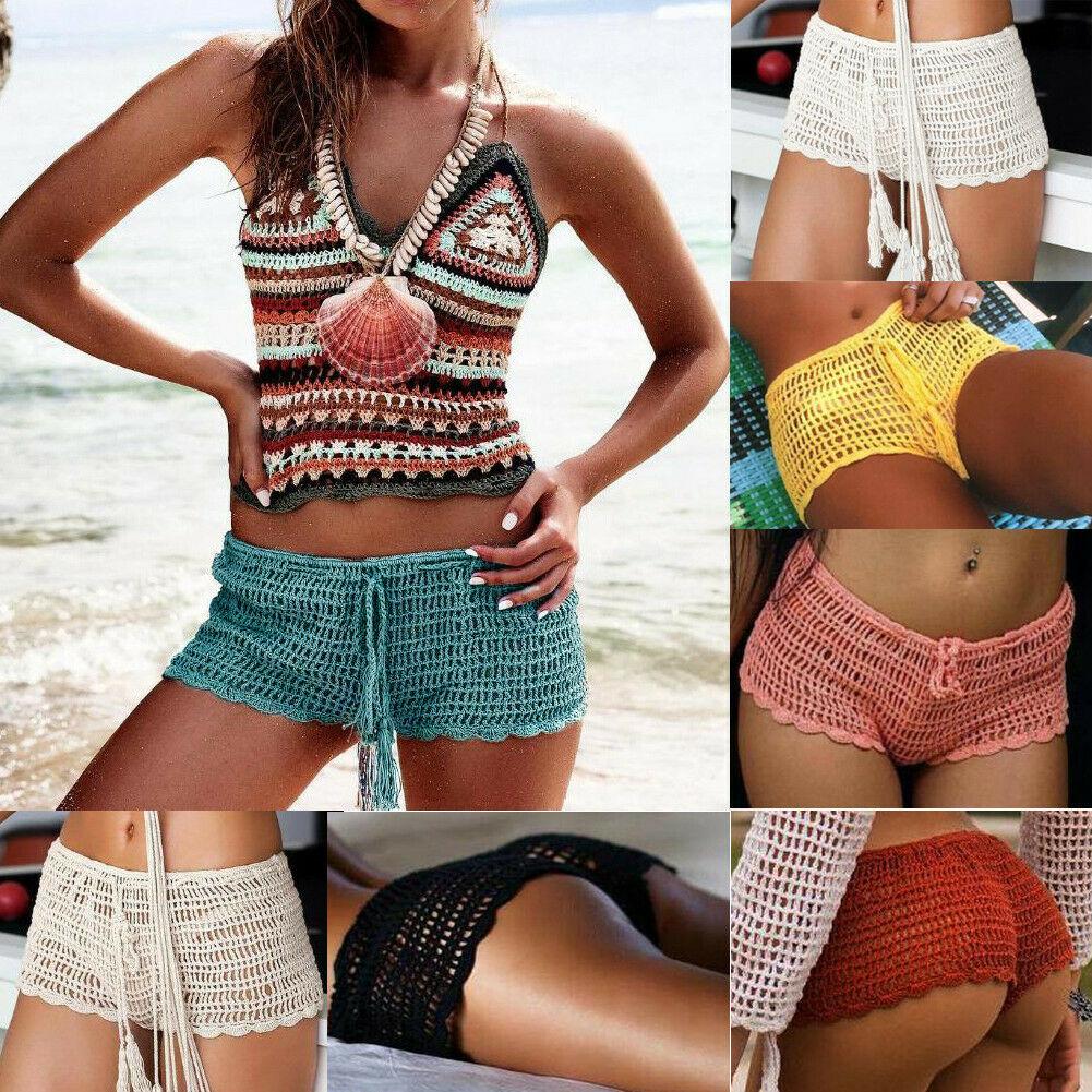 2019 Summer Sexy Women Plain Swim Trunks Crochet Knit Shorts Female Bandage Swimwear Short Swimming Crochet Bottoms