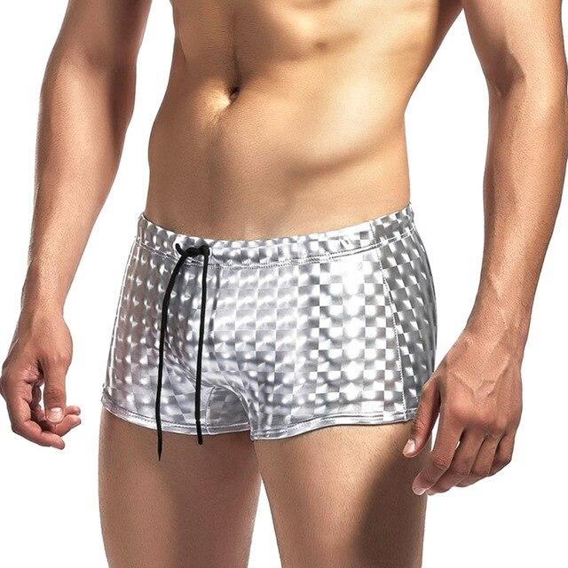 Men Swimwear Pants Shining Plaid Print Low Waist Skinny Elastic Swimming Trunks  FK88