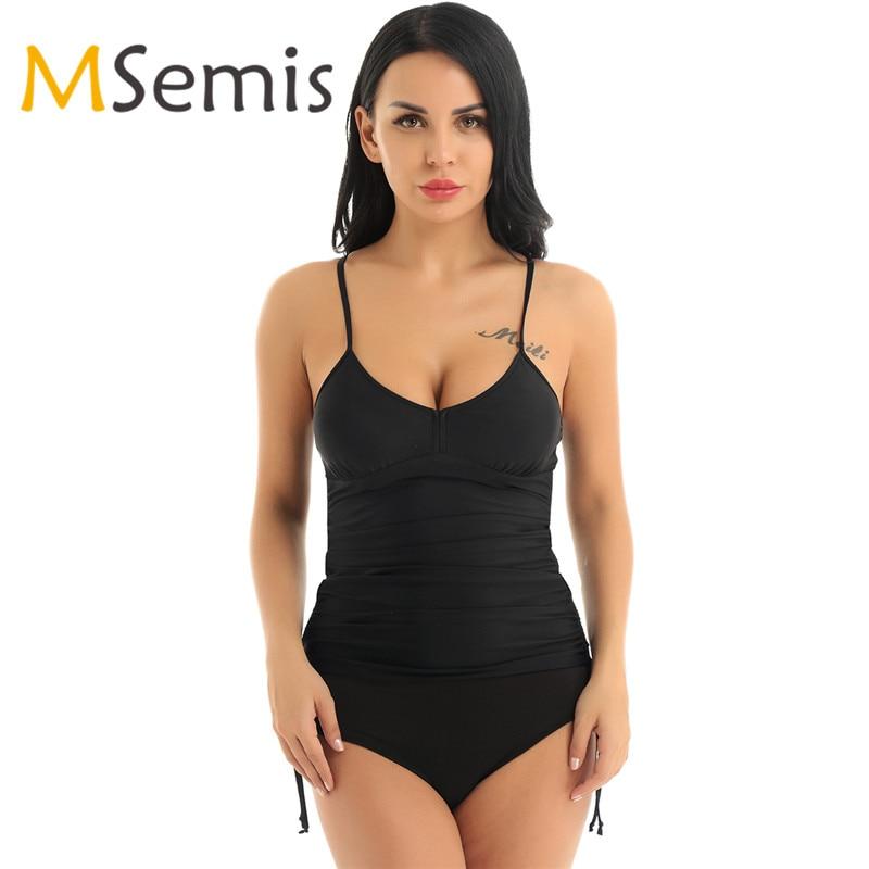 Women's Tankini Swimsuit Top V-neck Swimwear Adjustable Spaghetti Straps  Swim Top Front Ruffled Wire-free Padded Swimming Suit