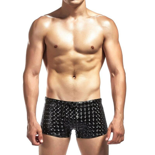 High Men Swimwear Pants Shining Plaid Print Low Waist Skinny Elastic Swimming Trunks  DOG88
