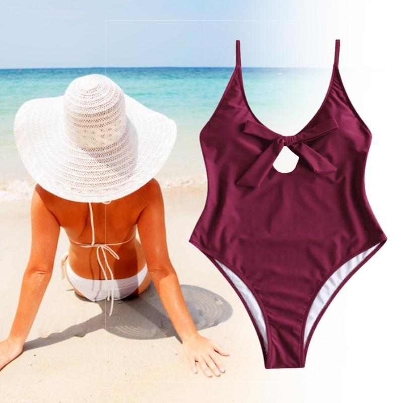 Solid One-piece Bikini Sexy Bow Tie Adjustable Shoulder Strap Swimsuit Backless Ladies Swimwear