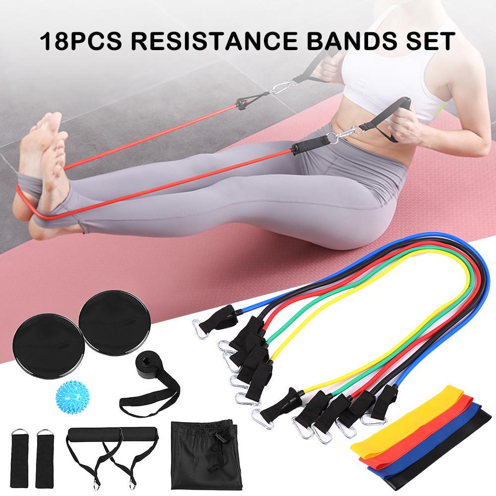 18Pcs Resistance Bands Set Fitness Loop Tube Bands Ankle Straps Cushioned Handles Gliding Discs Spiky Massage Ball with Bags