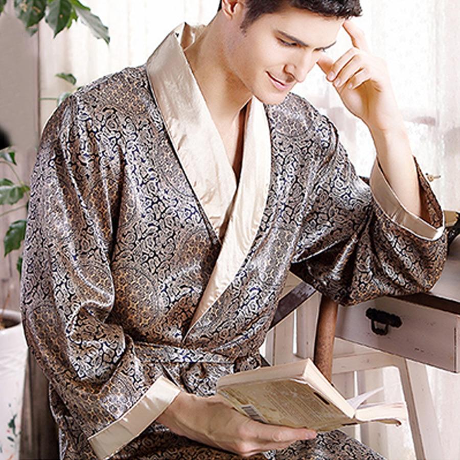 Pijamas Male 2016 New Real Men Luxury Bathrobe Geometric Robes V-neck Imitation Silk Knitted Sleepwear Full Sleeve Nightwear