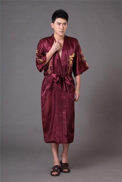 Chinese long Men's Satin Silk home Robe  Embroidery male Kimono Bath Dressing Gown Dragon nightgowns pyjamas  sleepwear