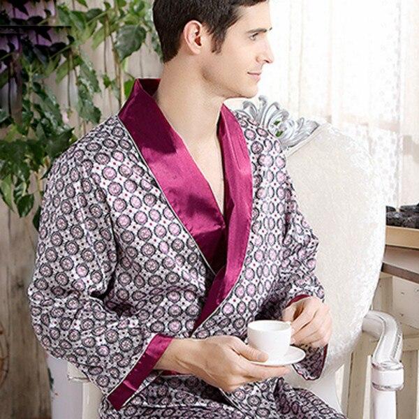 Pijamas Male 2016 New Real Men Luxury Bathrobe Geometric Robes V-neck Imitation Silk Knitted Sleepwear Full Sleeve Nightwear