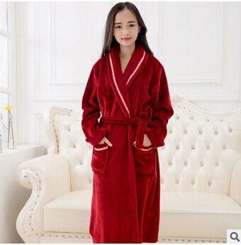 Womens robe 2017 new flannel robe feminino winter warm couples bathrobes long nightgown robe dressing gown pink/red Q775