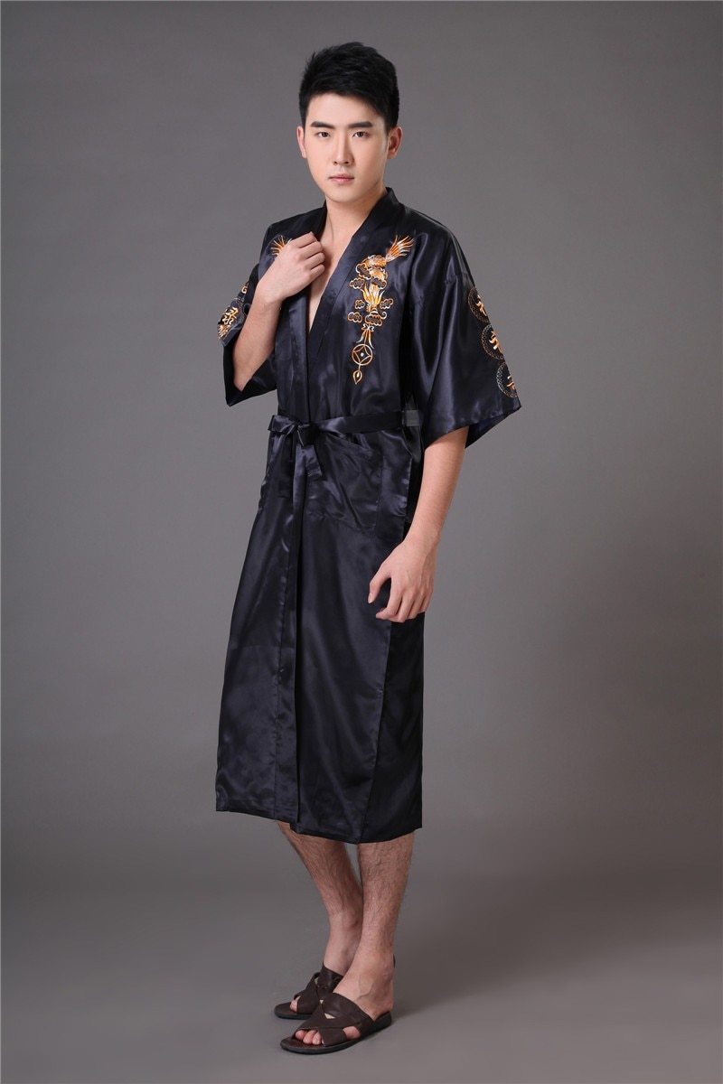 Chinese long Men's Satin Silk home Robe  Embroidery male Kimono Bath Dressing Gown Dragon nightgowns pyjamas  sleepwear