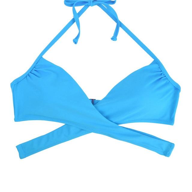 M&M Women Chest Cross Bikini Top Print Push Up Brazilian Swimwear Sport Halter Swimsuit Beach Swimming Bra Solid Biquini T608