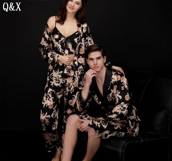 YT5 2017 Spring and Autumn Pajamas For Men Pyjamas Sexy Long Sleeve Faux Silk Sleepwear Couple Pajamas Lover Men Night Gown