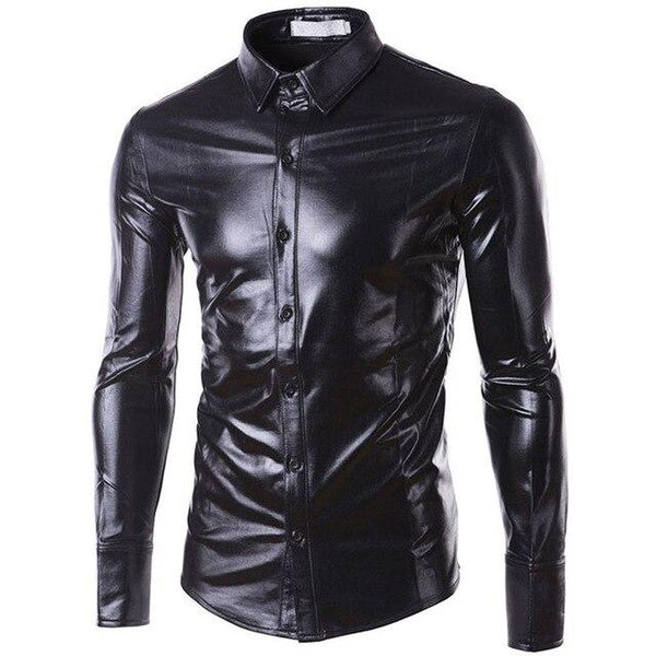 New Mens Trend Night Club Coated Metallic Halloween Gold Silver Button Down Shirts Party Shiny Long Sleeves Dress Shirts