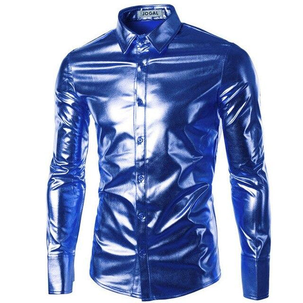 New Mens Trend Night Club Coated Metallic Halloween Gold Silver Button Down Shirts Party Shiny Long Sleeves Dress Shirts