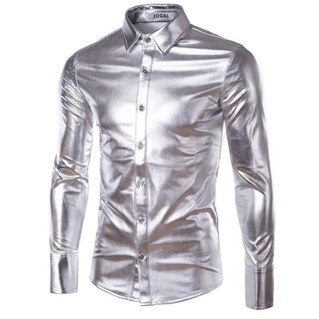 New Mens Trend Night Club Coated Metallic Halloween Gold Silver Button Down Shirts Party Shiny Long Sleeves Dress Shirts