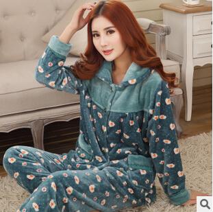 Thickening women winter flannel pajamas female coral fleece pajama sets sleepwear velvet long-sleeve casual nightgown