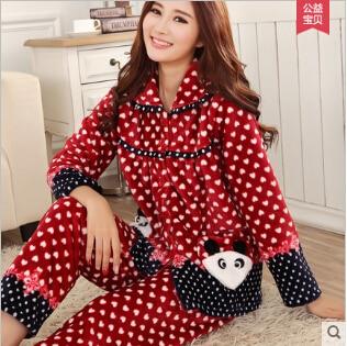 Thickening women winter flannel pajamas female coral fleece pajama sets sleepwear velvet long-sleeve casual nightgown
