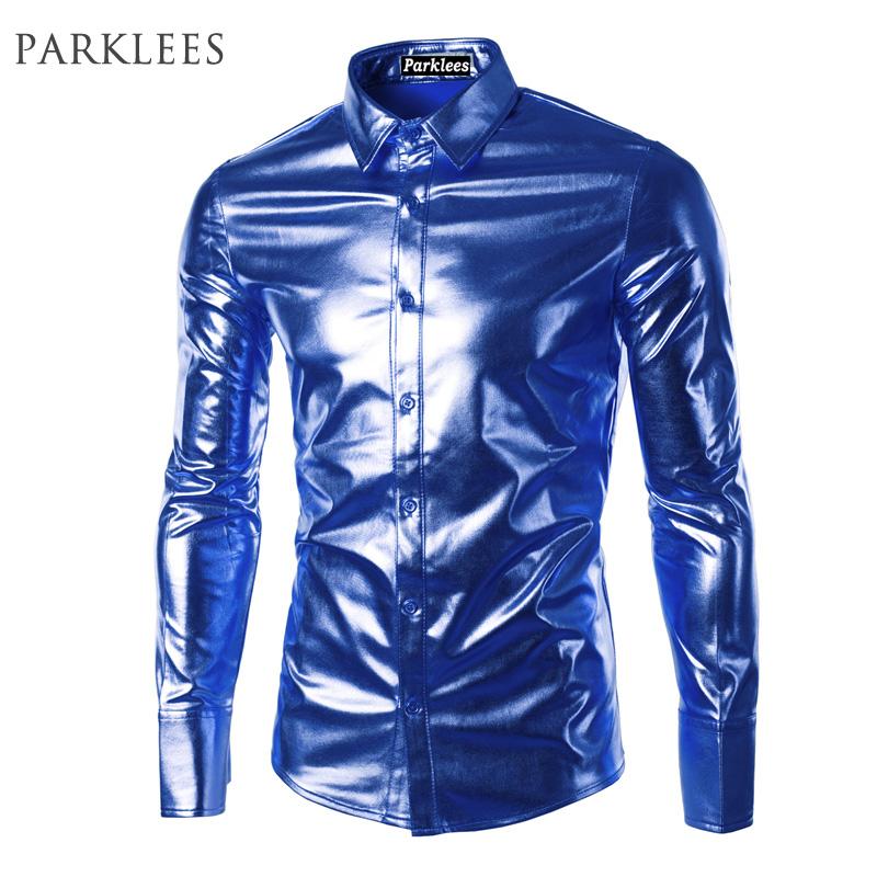 Blue Coated Metallic Shirt Men Brand Night Club Wear Men Dress Shirts Button Down Shirts Long Sleeve Shiny Elastic Chemise Homme