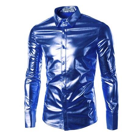 Blue Coated Metallic Shirt Men Brand Night Club Wear Men Dress Shirts Button Down Shirts Long Sleeve Shiny Elastic Chemise Homme