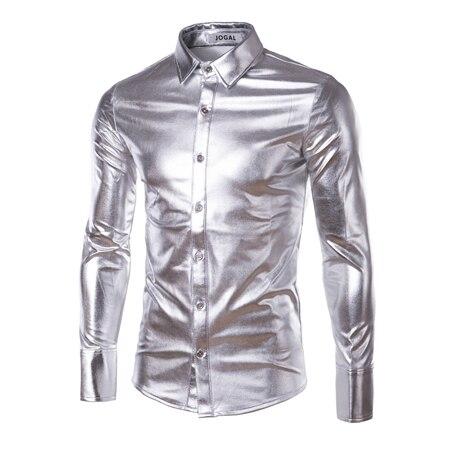Blue Coated Metallic Shirt Men Brand Night Club Wear Men Dress Shirts Button Down Shirts Long Sleeve Shiny Elastic Chemise Homme